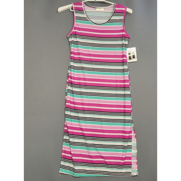 Bobbie Brooks Maxi Dress Womens Medium Striped Soft Pink Blue Sleeveless New - Picture 1 of 11
